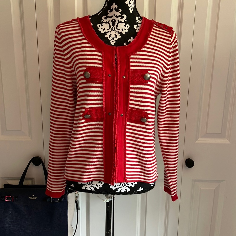 Always classic red & cream striped sweater w/military detail &hook & eye closure